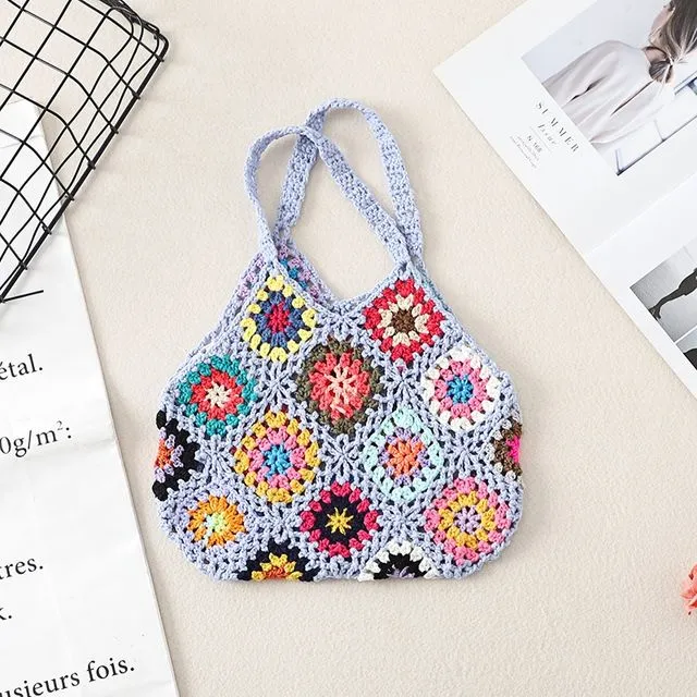 Crochet Knitted Geometric Pattern Handbag-LIGHT BLUE