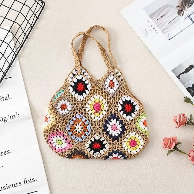 Crochet Knitted Geometric Pattern Handbag-KHAKI