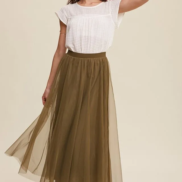 Elastic Waist Maxi Tulle Skirt - (LILSK0225 : OLIVE)