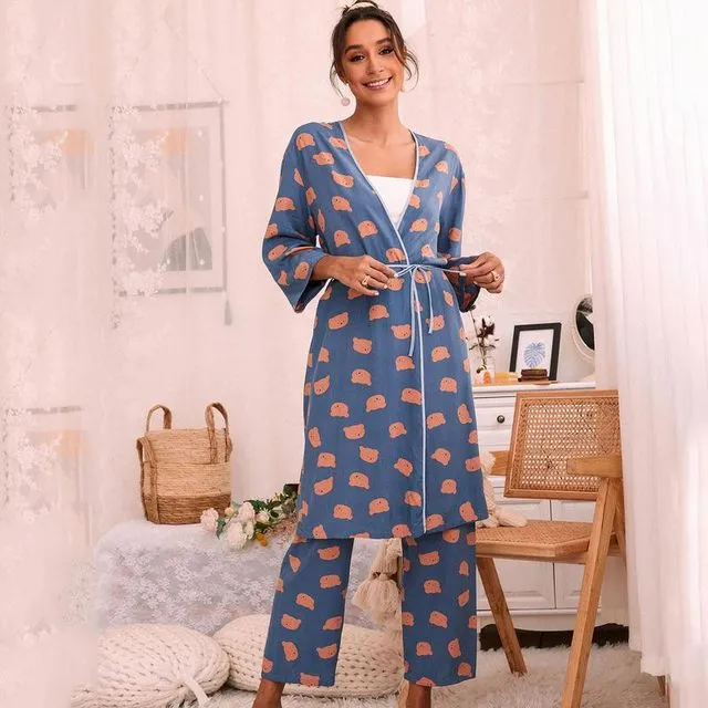New Women's Printed Long Sleeve Pajamas Outwear Relaxed Fit Oversize Loungewear Set