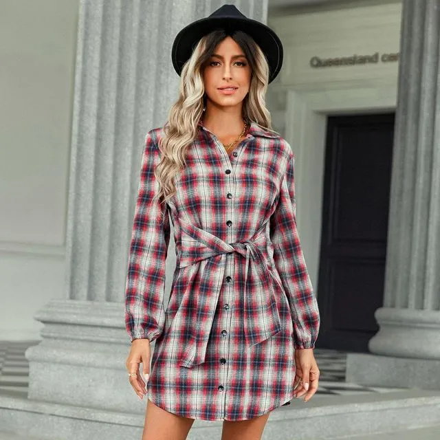 RED Bow-Tied Waist Tucked-In Blouse Skirt Plaid Dress