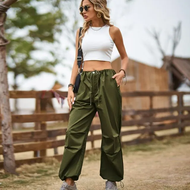 ARMY GREEN Solid Color Elastic Waist Ankle Tied Casual Loose Cargo Pants