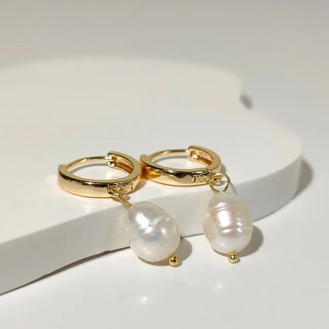 Large Pearl Hoop Earrings | 18k gold plated hoop earrings