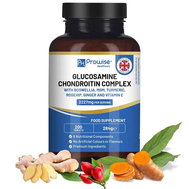 Glucosamine and Chondroitin Complex – 200 High Strength Tablets | 8 Nutritional Components | MSM, Boswellia, Vitamin C, Turmeric, Ginger, and Rosehip | Premium Quality Made in UK by Prowise
