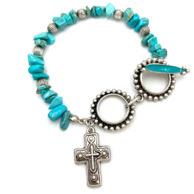 Turquoise Pebble Stone Cross Toggle Bracelet