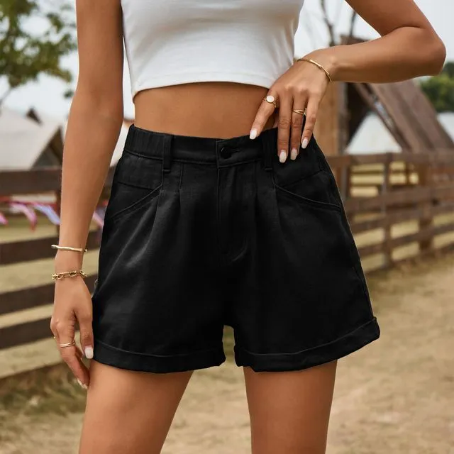 BLACK Solid Color Elastic Waist Loose Cargo Shorts