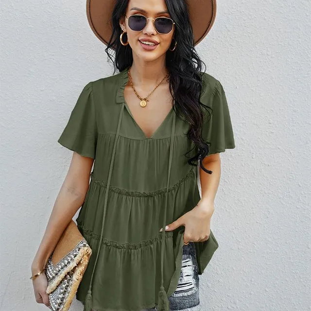 Solid Ruffles Casual Loose Short Sleeves Blouse-ARMY GREEN