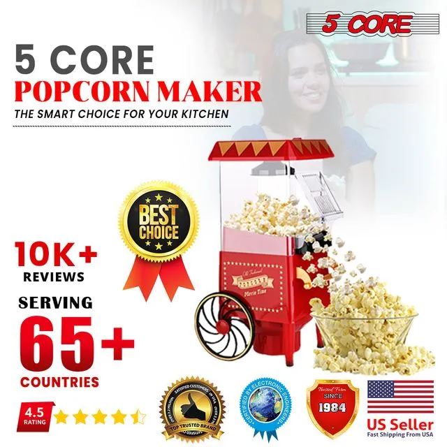 5 Core Nostalgia Vintage Table-Top Popcorn Maker Machine with Wheels, 1400 Watts, 120 V, Hot Air POP 820