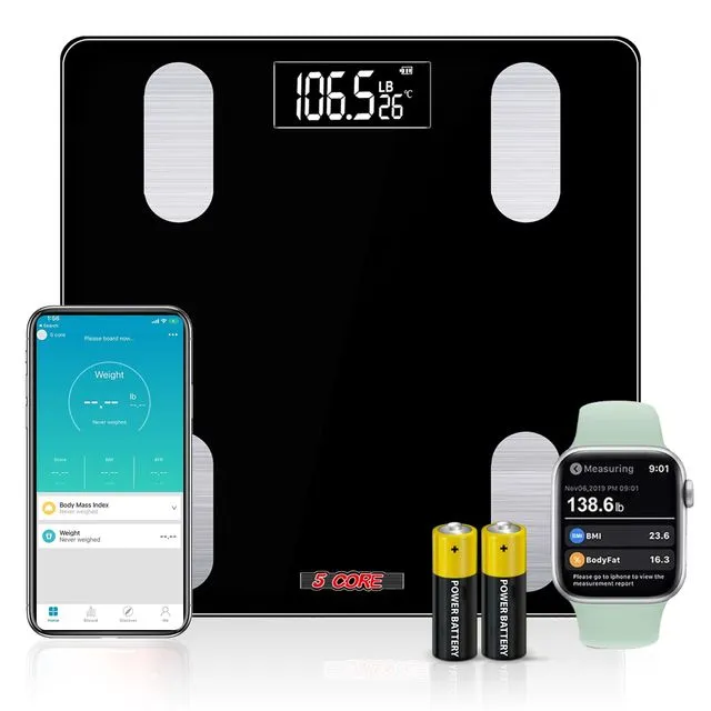 5 Core Smart Digital Bathroom Weighing Scale with Body Fat and Water Weight for People, Bluetooth BMI Electronic Body Analyzer Machine, 400 lbs. BBS VL B BLK