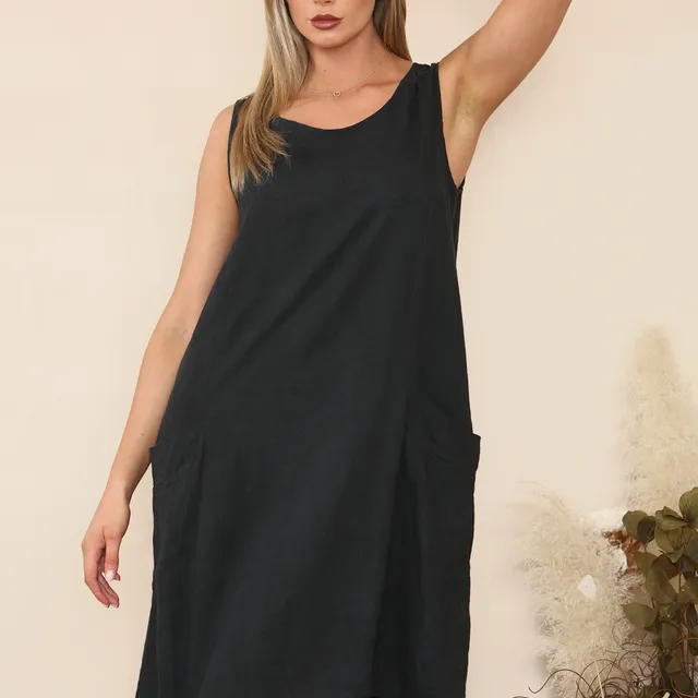 2261 - Black strap shoulder linen blend dress