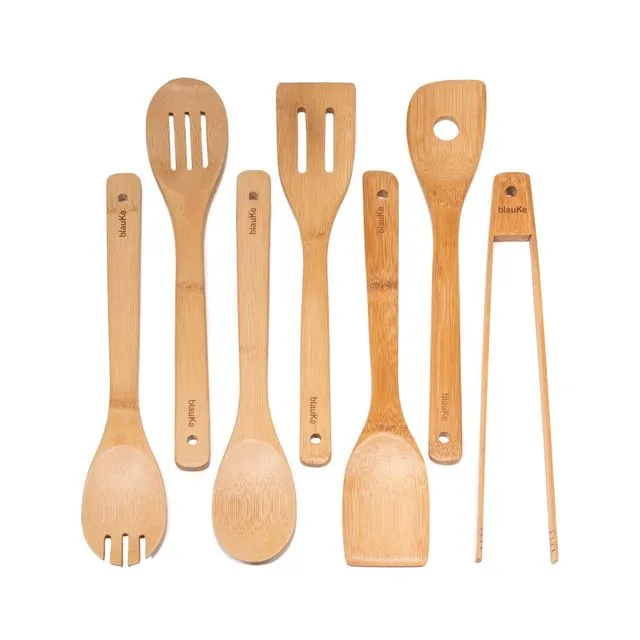 Wooden Spoons for Cooking 7-Pack | Bamboo Kitchen Utensils Set for Nonstick Cookware (Wooden Spatula, Cooking Spoon, Fork, Turner, Tongs) | Wooden Cooking Utensils