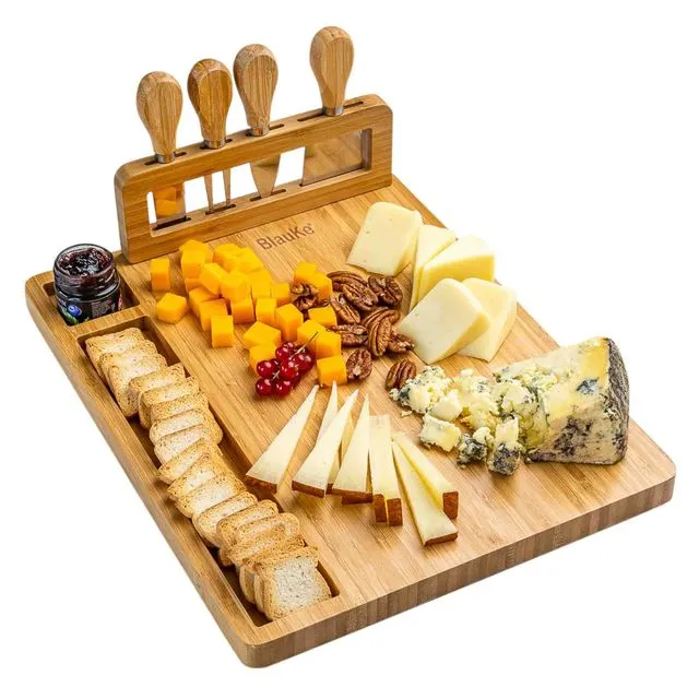 Bamboo Cheese Board and Knife Set, Charcuterie Board with 4 Cheese Knives, Serving Platter Tray, Wood Cheese Board Set