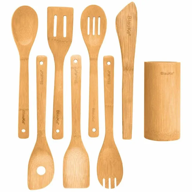 Bamboo Kitchen Utensils Set 8-Pack | Wooden Spatula, Cooking Spoon, Fork, Turner, Tongs, Utensil Holder | Cooking Utensils for Nonstick Cookware