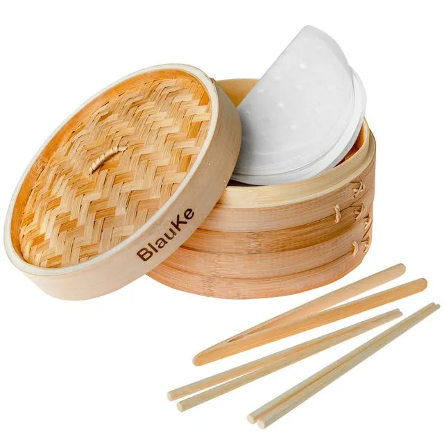 Bamboo Steamer with Chopsticks, Kitchen Tongs and 50 Paper Liners | 2-Tier Bamboo Steamer Basket 10 Inch