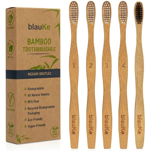 Bamboo Toothbrush Medium Bristle 5-Pack - 4 Bamboo Toothbrushes with White Bristles, 1 Black Charcoal Toothbrush - Biodegradable Wood Toothbrush Set