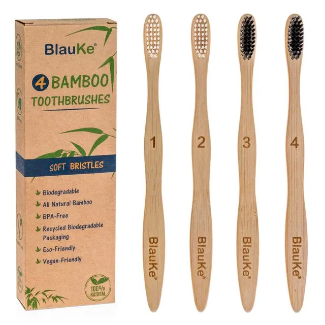 Bamboo Toothbrush Soft Bristle 4-Pack, Natural Soft Toothbrushes for Adults, Black Charcoal Toothbrushes, Wooden Toothbrushes Soft Bristles