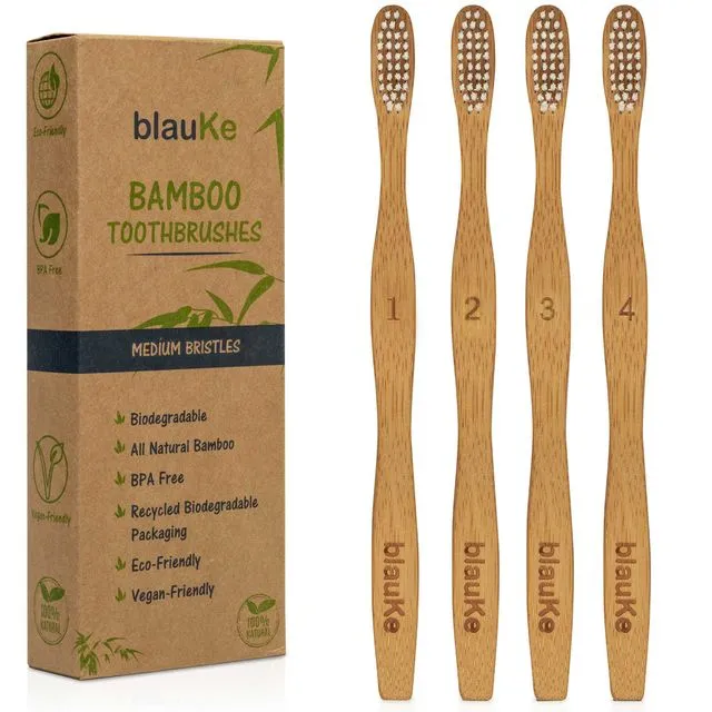 Bamboo Toothbrush Medium Bristle 4-Pack, Eco Friendly Wooden Toothbrushes