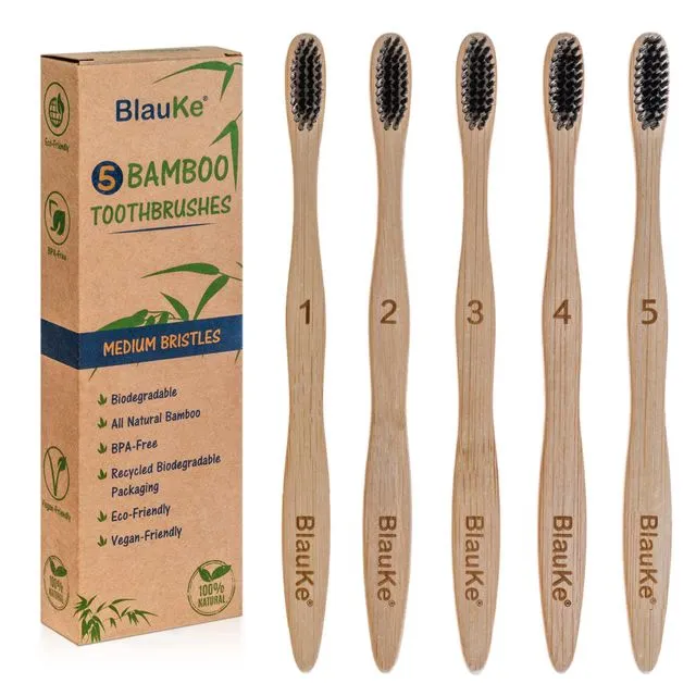Bamboo Toothbrush Medium Bristle 5-Pack, Organic Black Toothbrush Set, Eco Friendly Wooden Toothbrushes