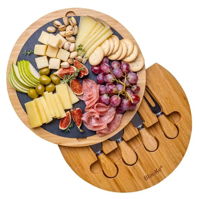 Bamboo Cheese Board and Knife Set - 12" Swiveling Charcuterie Board with Removable Slate, Round Serving Tray, Platter, Wood Cheese Board Set
