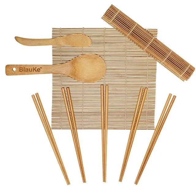 Sushi Making Kit with 2 Bamboo Sushi Rolling Mats, 5 Pairs of Reusable Bamboo Chopsticks, Rice Paddle and Spreader - Sushi Kit with Bamboo Rolling Mats and Utensils