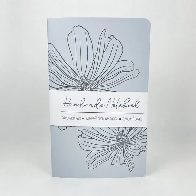 Inked Flowers - Style 1 - Gray - Handmade Saddle Bound Notebook - A5-ish size