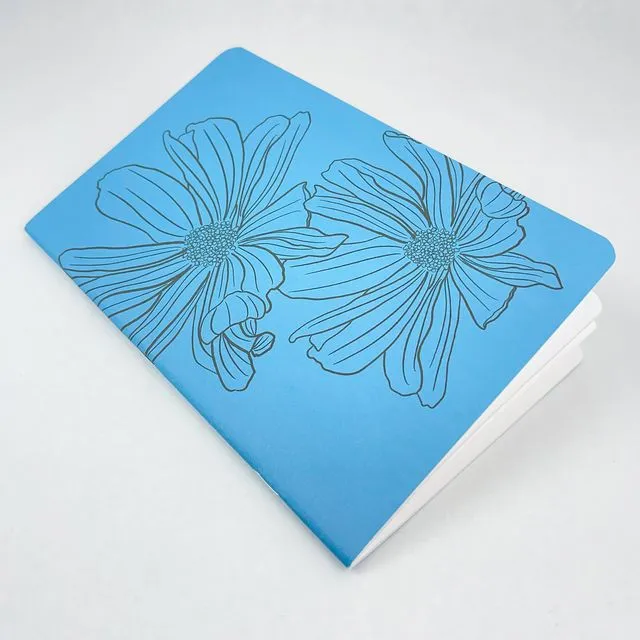 Inked Flowers - Style 1 - Blue - Handmade Saddle Bound Notebook - A5-ish size