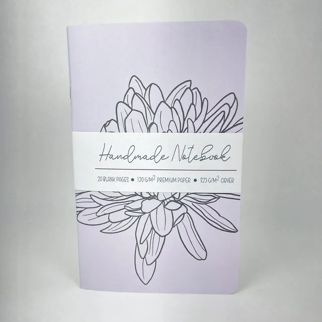 Inked Flowers - Style 3 - Lilac Cover - Handmade Saddle Bound Notebook - A5-ish size