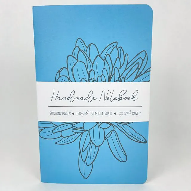 Inked Flowers - Style 3 - Blue Cover - Handmade Saddle Bound Notebook - A5-ish size