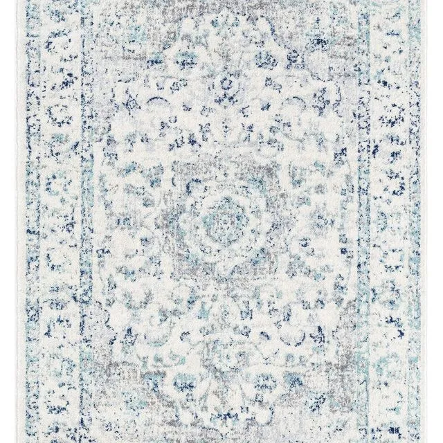 Noor Blue and Ivory Traditional Distressed Rug