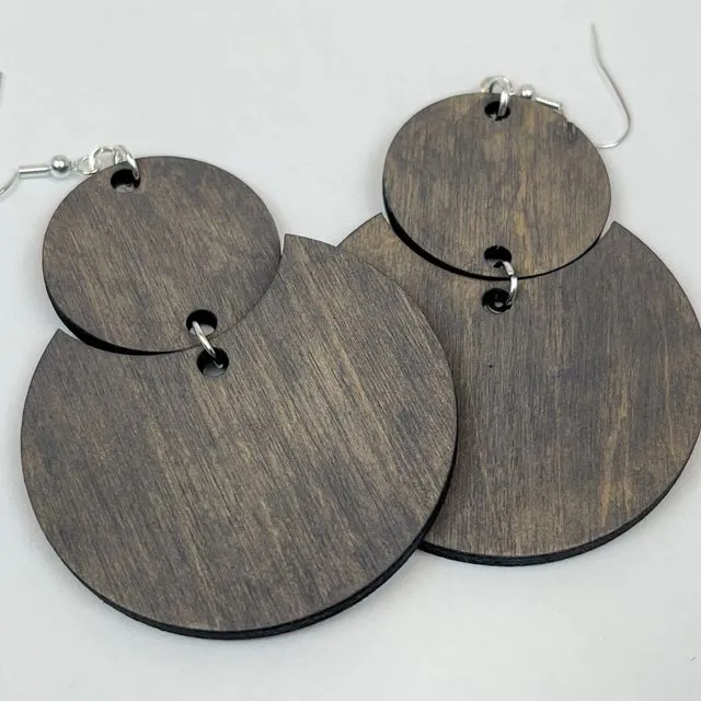 Large Cut Out Circle Handmade Geometric Wooden Earrings - Iron Earth Stain - Lightweight Large Earrings - Baltic Birch 3mm thick wood Geometric Earrings