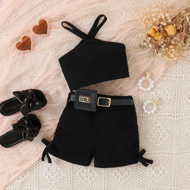 Girls Solid Color Halterneck Sleeveless Tank Top And Shorts With Belted Waist Bag Three Pieces Suits-BLACK