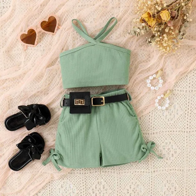 Girls Solid Color Halterneck Sleeveless Tank Top And Shorts With Belted Waist Bag Three Pieces Suits-GREEN