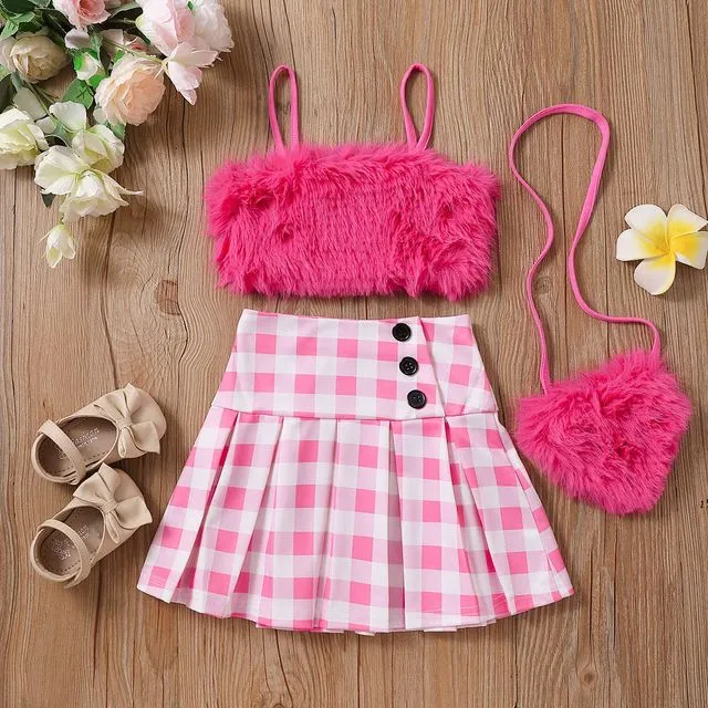 Spaghetti Strap Sleeveless Cropped Hairy Tank Top And Plaid Pleated Skirt And Cute Crossbody Bag Three Pieces Suits-ROSE RED
