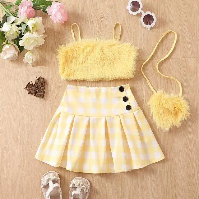 Spaghetti Strap Sleeveless Cropped Hairy Tank Top And Plaid Pleated Skirt And Cute Crossbody Bag Three Pieces Suits-YELLOW