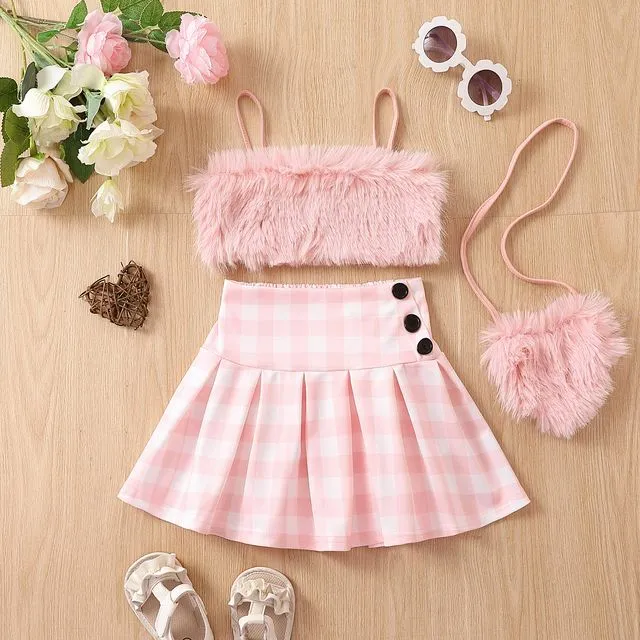 Spaghetti Strap Sleeveless Cropped Hairy Tank Top And Plaid Pleated Skirt And Cute Crossbody Bag Three Pieces Suits-PINK