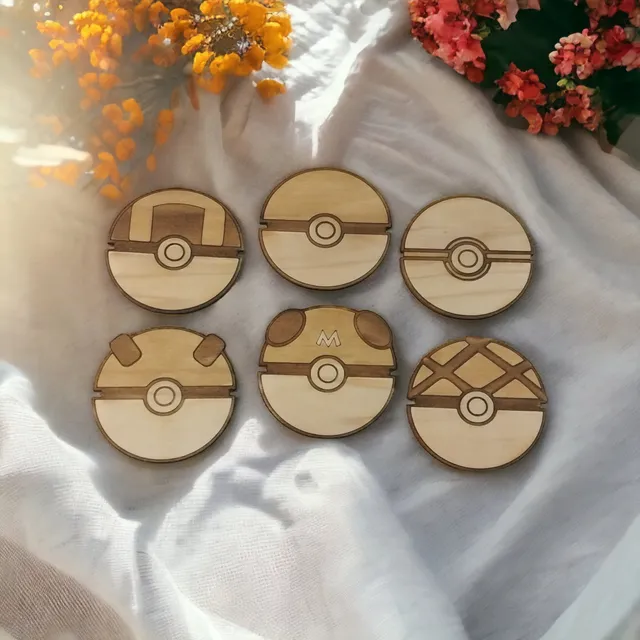 Set of 6 Pokeball Wood Coasters - Coasters - Best Gift Choice