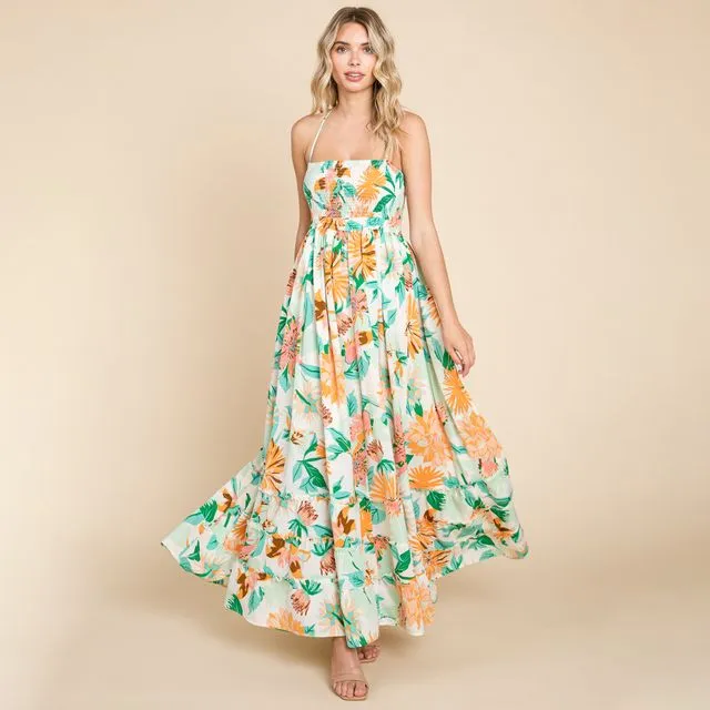 Floral Shirred Bodice Halter Cami Sun Maxi Dress, SMLXL(2-2-2-2)/1Pack