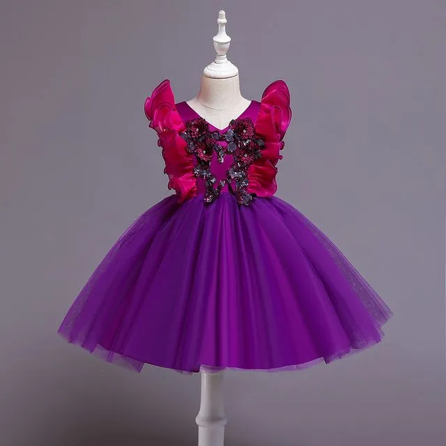 Girls V-Neck Ruffle Flower Embellished Birthday Evening Princess Dress-PURPLE