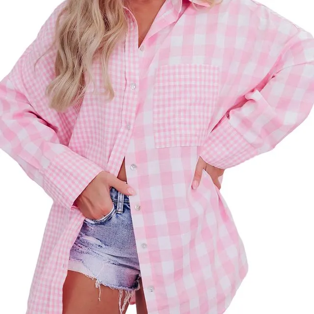 Mix Checked Patchwork Long Sleeve Shirt - (GD8255352986 : PINK)