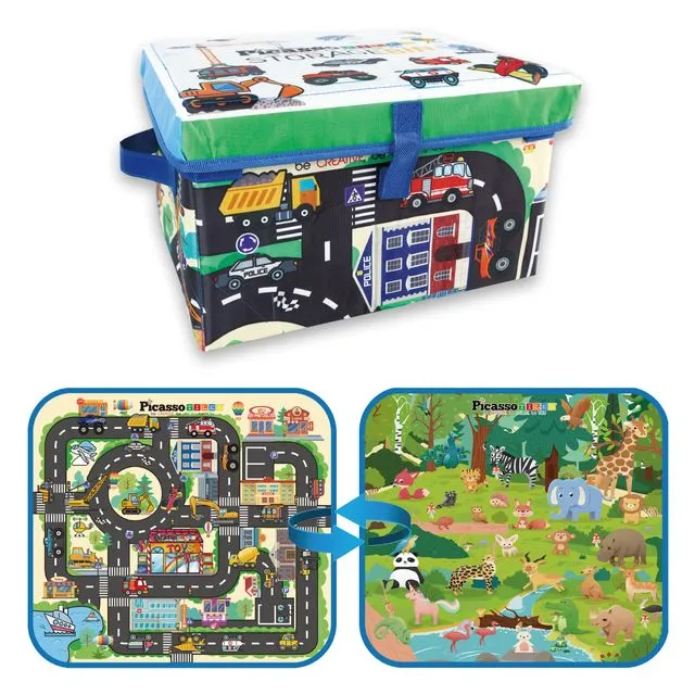 PicassoTiles 2 Pack Foldable & Collapsible Reversible Car and Animal Theme Storage Bin PTA32