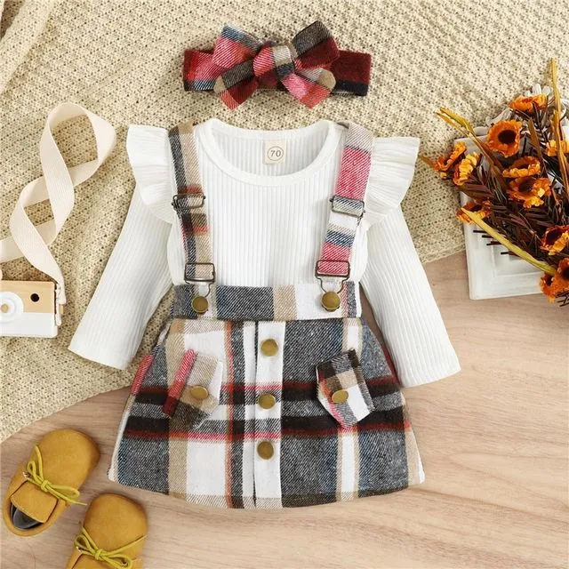 RED Baby Girls Ribbed Long Sleeves Crewneck Romper And Plaid Overall Dress Two Pieces Suits