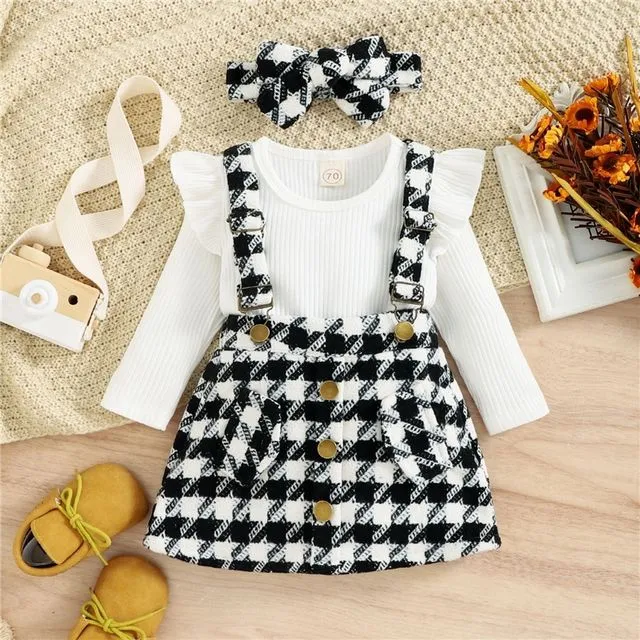 BLACK Baby Girls Ribbed Long Sleeves Crewneck Romper And Plaid Overall Dress Two Pieces Suits