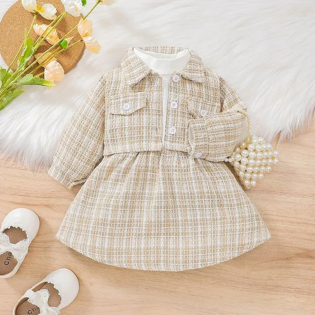 LIGHT YELLOW Girls Long Sleeves Plaid Patchwork Dress And Lapel Buttoned Outerwear Two Pieces Suits