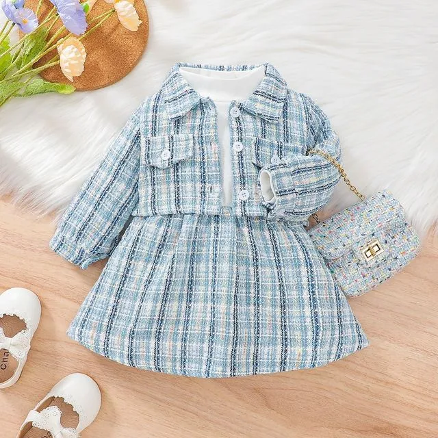 BLUE Girls Long Sleeves Plaid Patchwork Dress And Lapel Buttoned Outerwear Two Pieces Suits