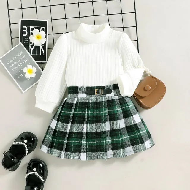 Girls High Neck Long Sleeves Top And Plaid Skirt Two Pieces Suits