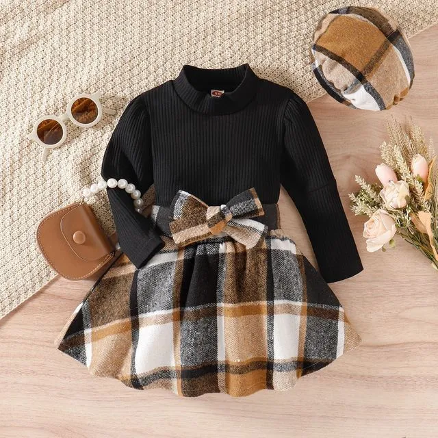 Girls Long Sleeves High Neck Ribbed Top And Plaid Skirt And Beret Three Pieces Suits