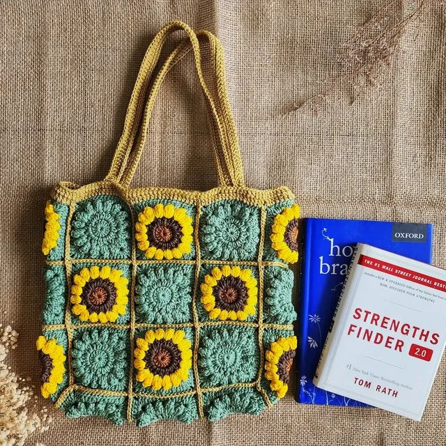 Crochet Sunflower Granny Square Bag, Mint Blue
