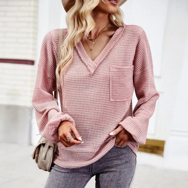 Solid Color Long Sleeves V-Neck Pullover Loose Knitted Sweater-PINK