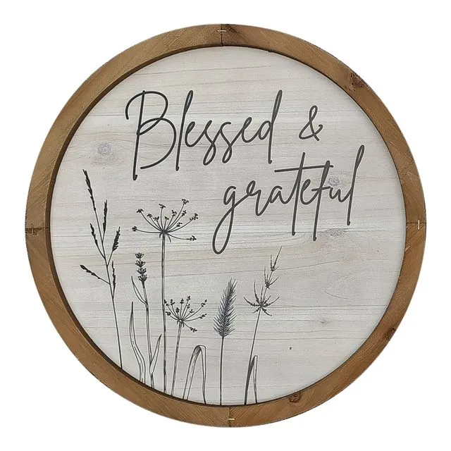 Blessed and Grateful Round Wood Wall Sign