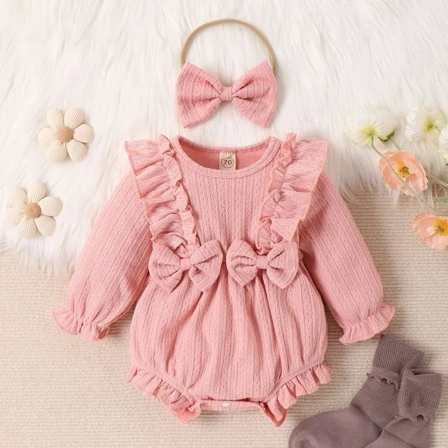 PINK Baby Girls Solid Color Crewneck Long Sleeves Ruffled Bowknot Knitted Rompers